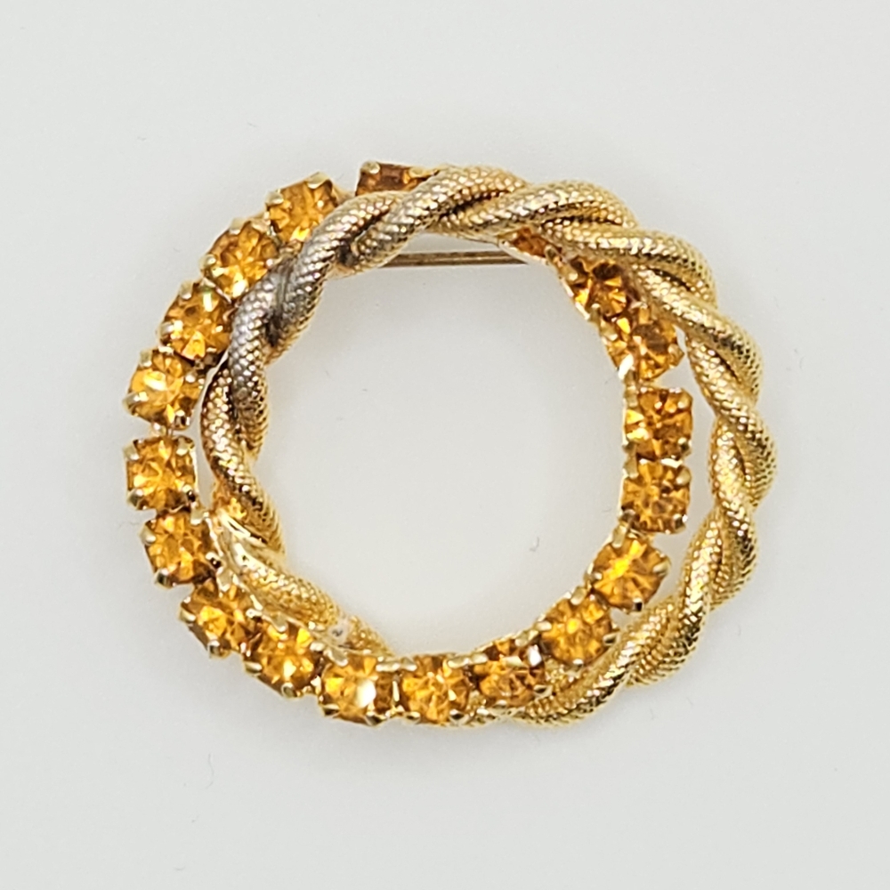 Vintage Gold Tone and Orange rhinestone Crystal Brooch Double Circle Brooch Pin